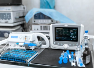 Cardiac monitor and syringe at operating table.